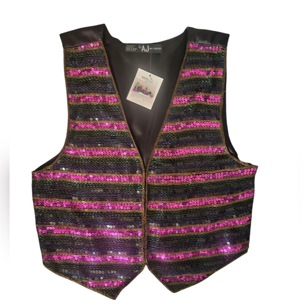 Vintage AJ Multicolor Beaded & Sequined Vest Size L NEW